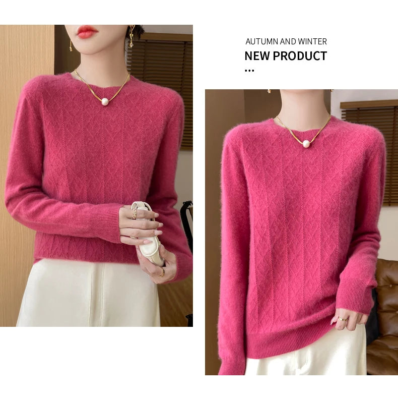Fall/Winter 2024 New Women's Sweater 100% Pure Wool Lotus Collar Solid Color Loose Knitted Cashmere Pullover