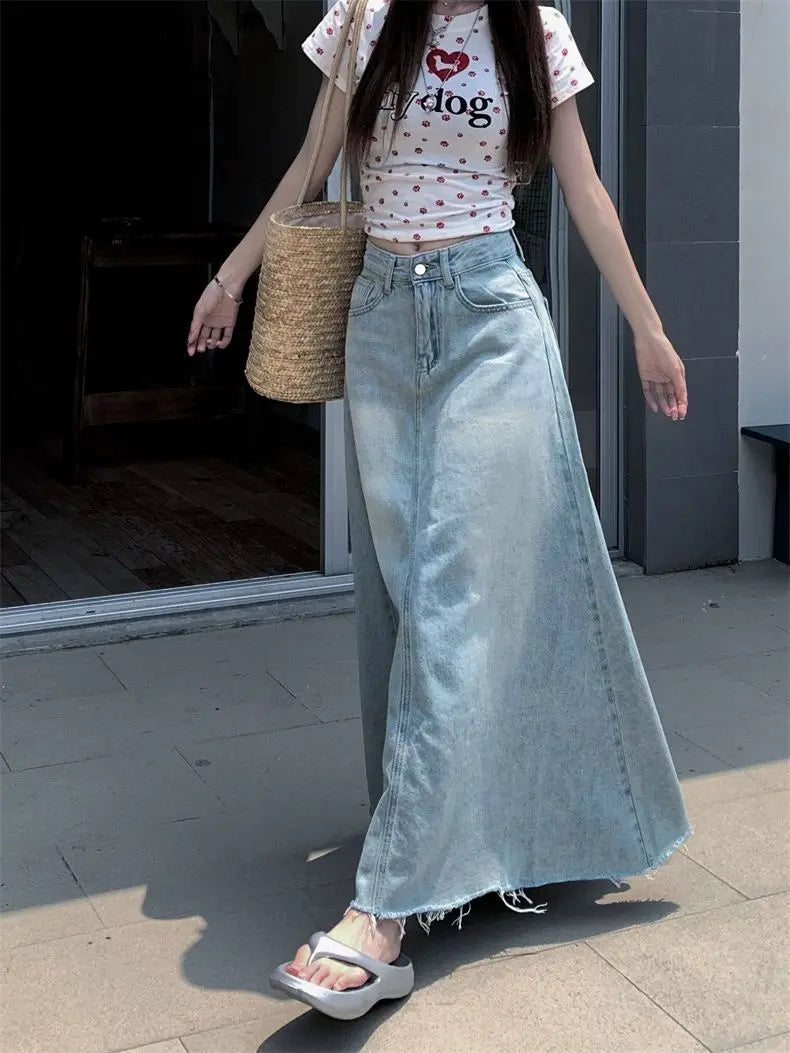 Retro High Waist Washed Denim Mini Skirt for Women plus Size Summer Fashionable Slimming Belly Covering Skirts