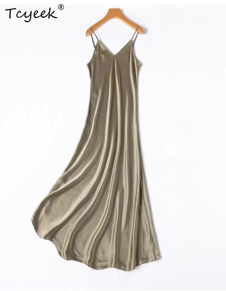Tcyeek Woman Long Dress, 100%Real Silk, V Neck, Solid Spaghetti Strap Dresses, 2025 Elegant Chic Clothes
