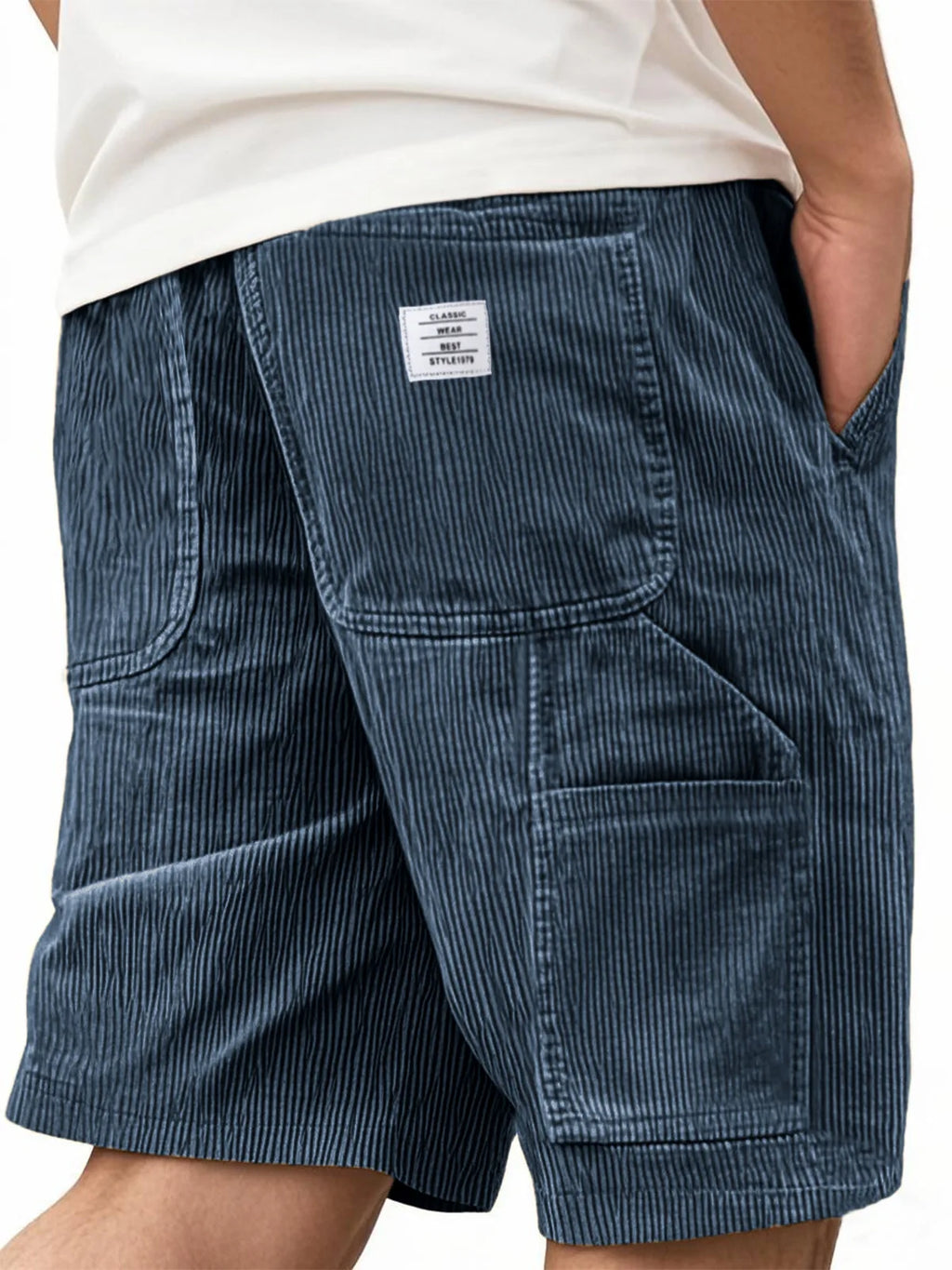 Men's Workwear Shorts Summer Casual Corduroy Loose Elastic Waist Multi-Pocket Leisure Pants Embroidery Retro Style Male Trousers