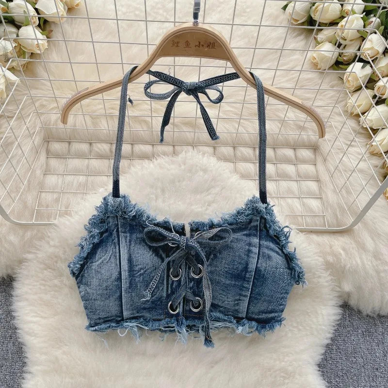 Retro Women Bikini Denim Suits Summer Halter Camis+ Mini Pant Lingerie Fashion Vacation Swimsuits Sexy Bra&Briefs Sets