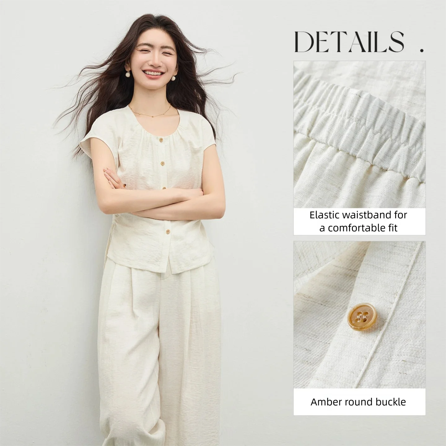 SENTUBILA Women's Office Set 2026 Summer New Blue Button Shirred Drawstring Slim Top Straight Pant 2 Piece Sets 162ZK6231