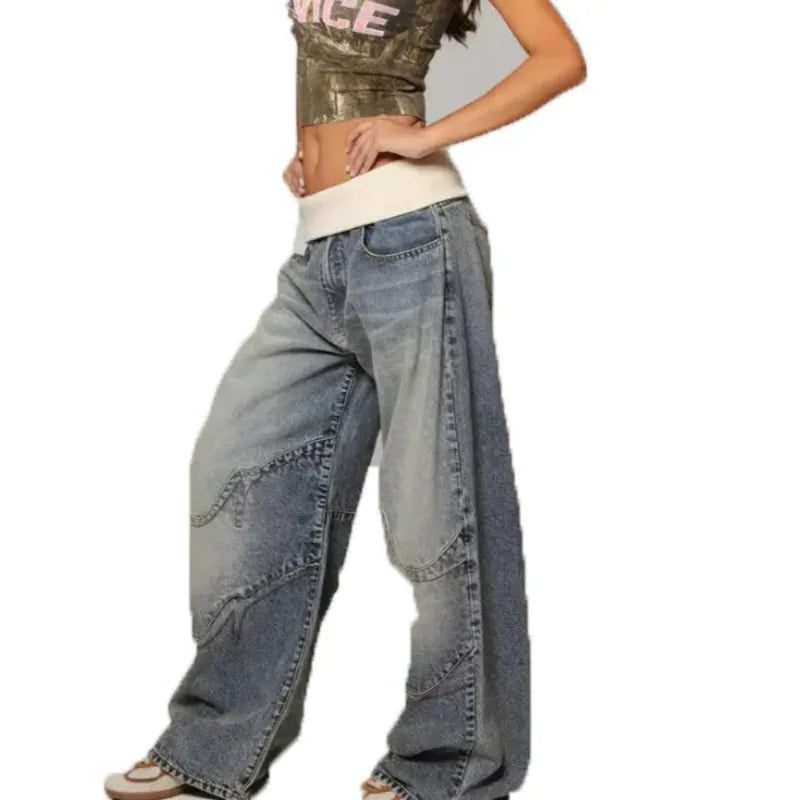 UNITIM Women Denim Pant American Streetwear Patchwork Lady Straight-leg Pant Loose Washed Distressed Female Casual Trousers