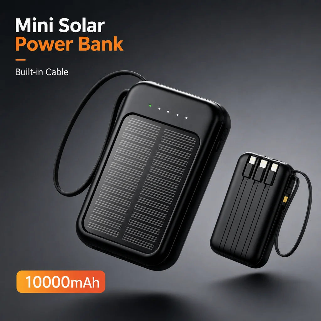 Solar Power Bank 20000mAh Portable Charger with Built-in Cable for Outdoor Camping Travel Emergency Backup Power