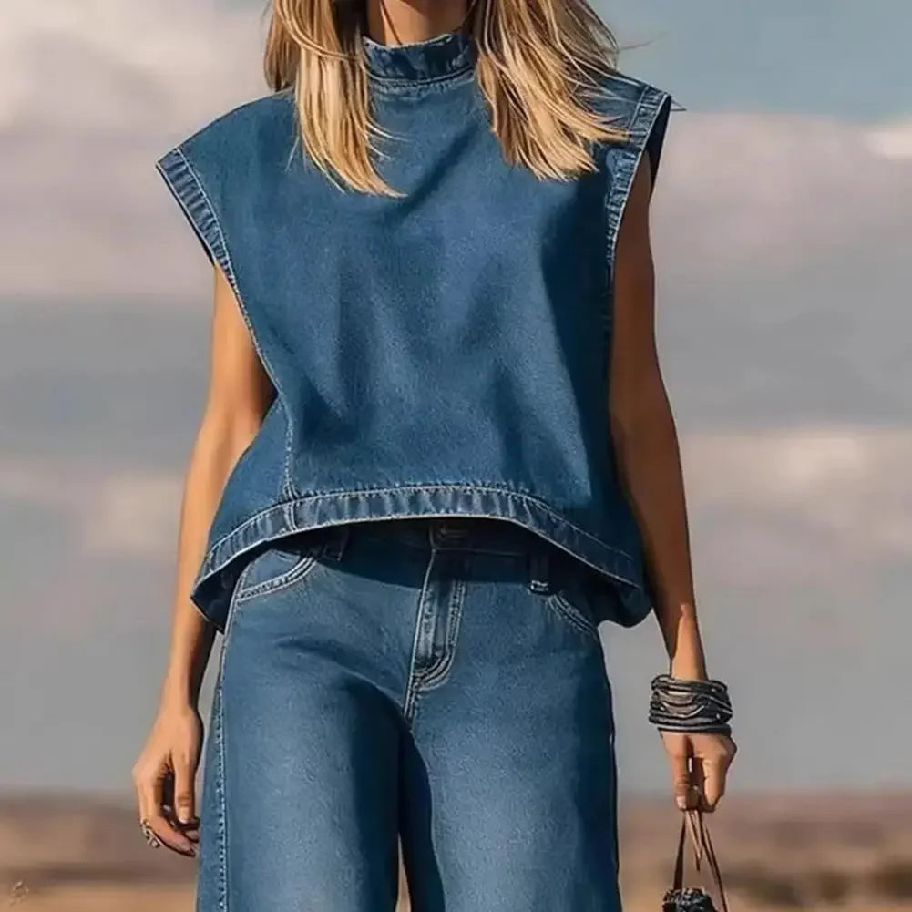 Wide-leg Denim Vest Pants Set 2026 Women Summer Outfit Sleeveless Top Trousers Set Casual Women Outfit Party Wear Two-piece Set