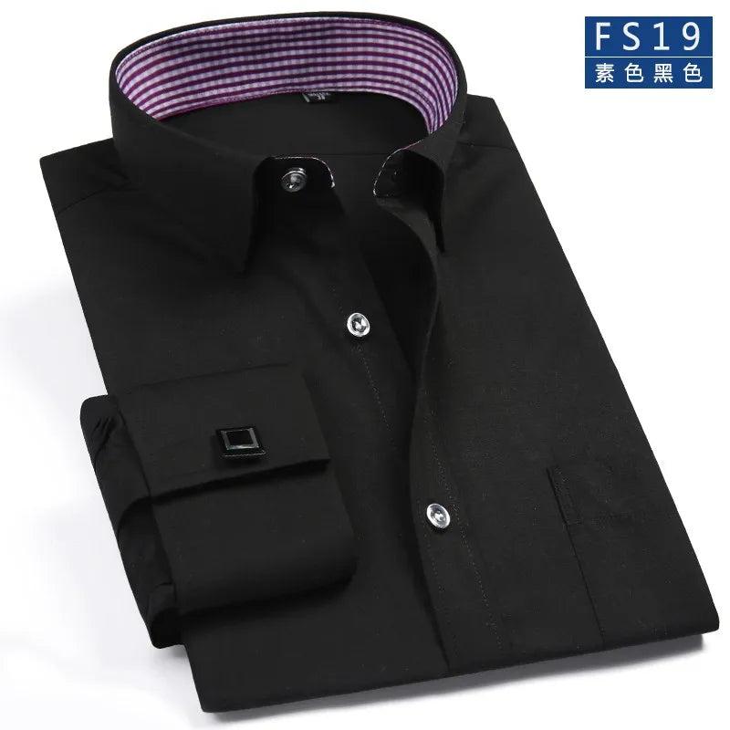 2025 Classic Regular Fit White French Cufflinks Men's Business Dress Long Sleeve Shirt Lapel Men Social Shirt