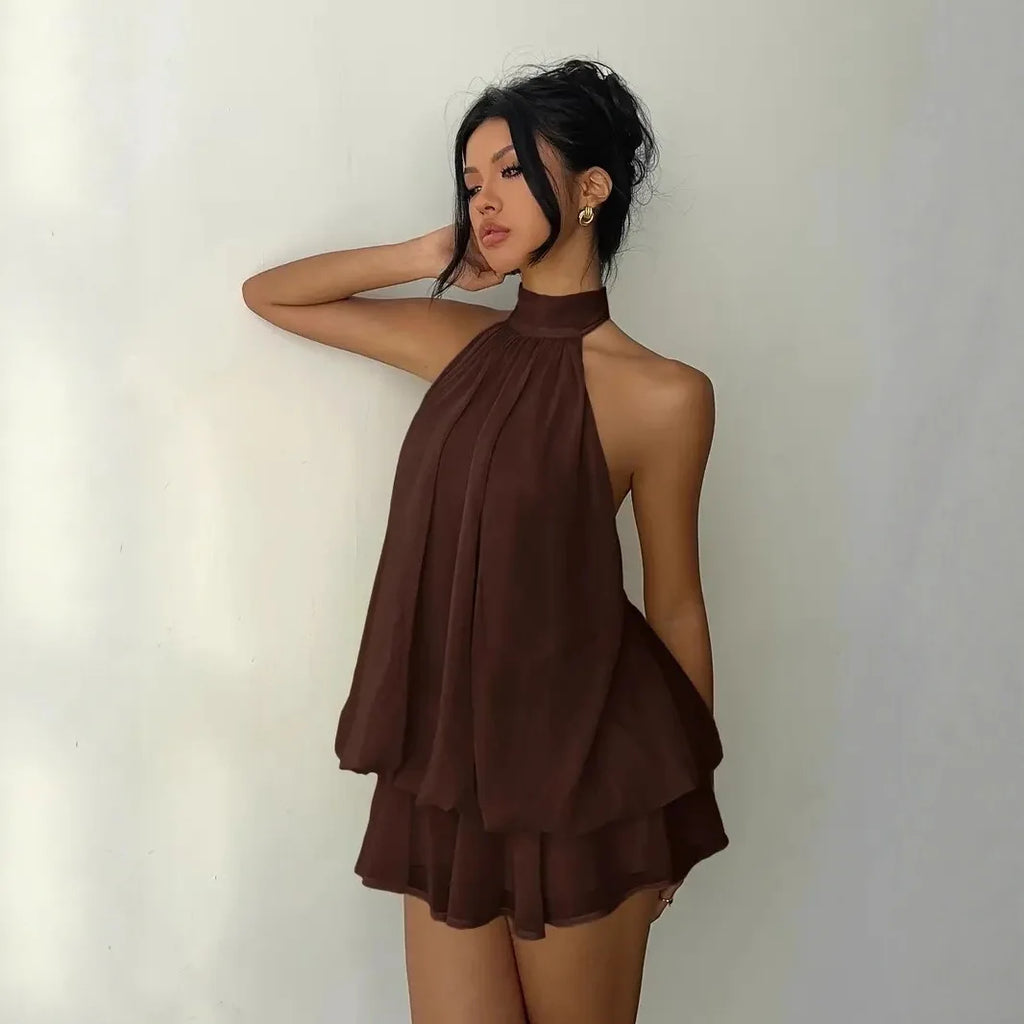 Women Halter Neck Backless Tie Mini Dress Summer Sleeveless Chiffon Ruffle Short Dresses Sexy Club Party Beach Vacation Outfit
