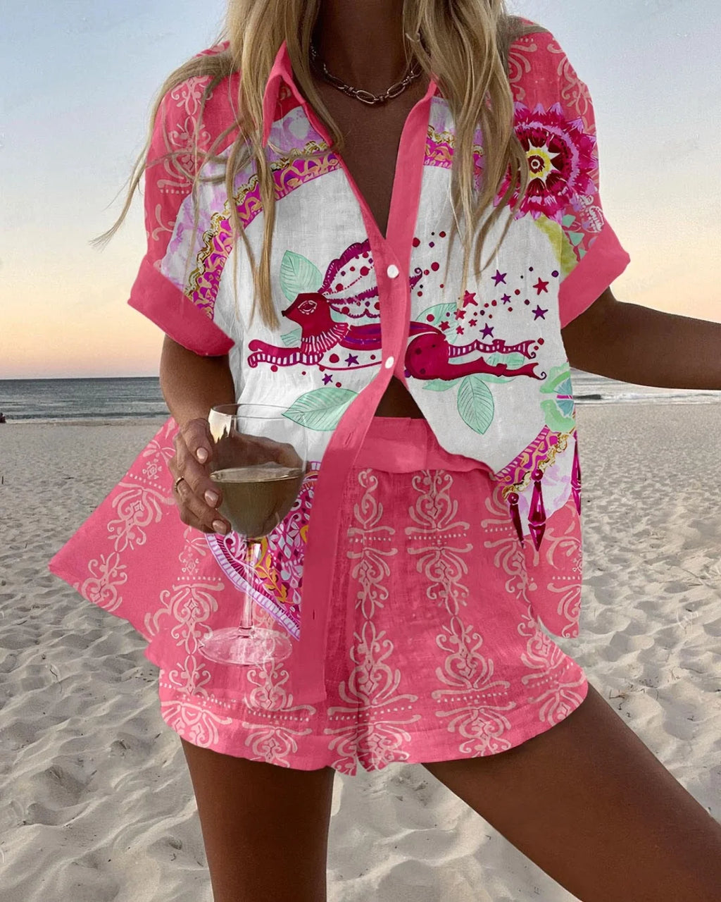 Fashion Women's Beach Holiday 2-Piece Suit Summer Print Short Sleeve Shirt Wide Legs Short Loose Two-Piece Sets Women Outfit