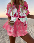 Fashion Women's Beach Holiday 2-Piece Suit Summer Print Short Sleeve Shirt Wide Legs Short Loose Two-Piece Sets Women Outfit