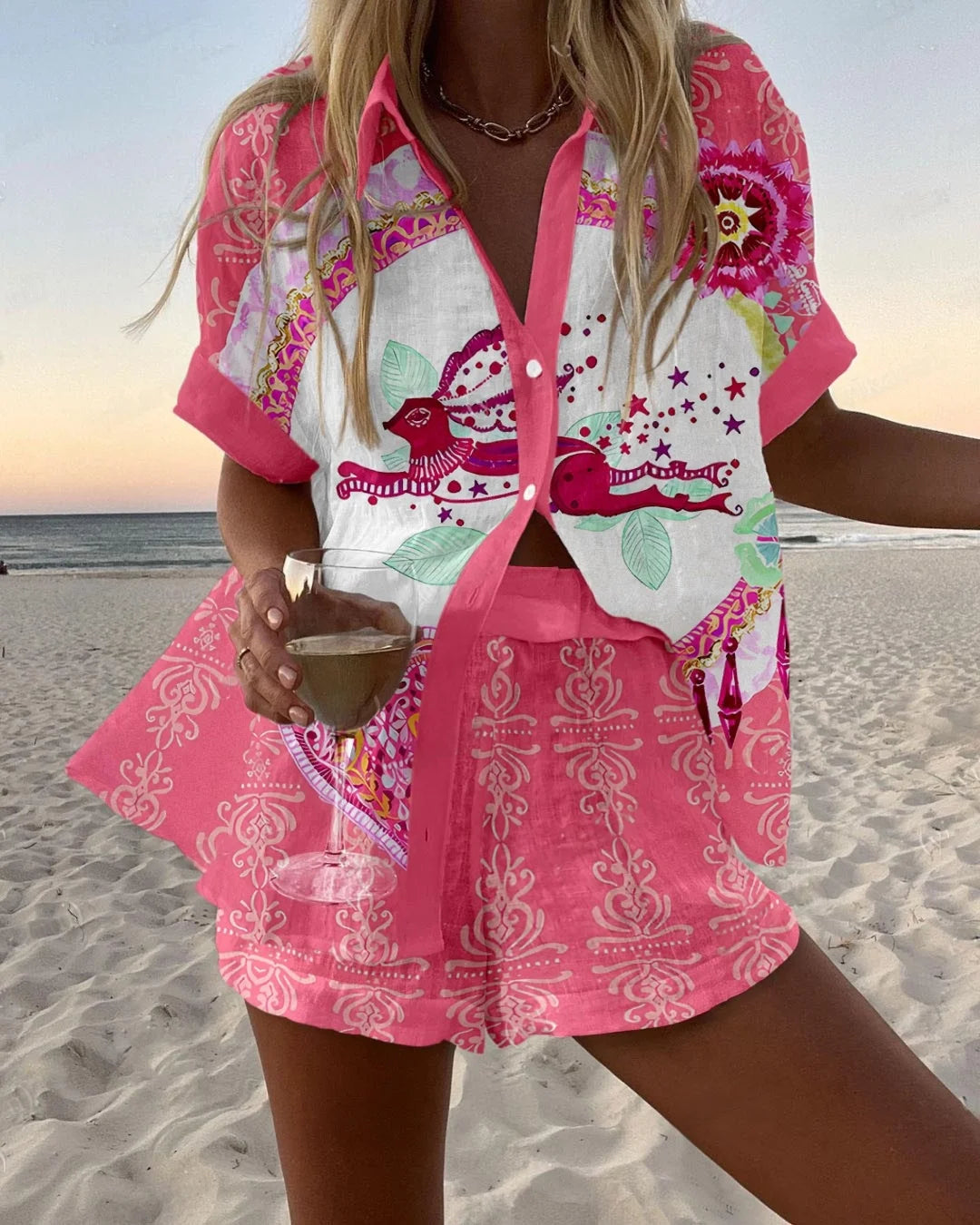 Fashion Women's Beach Holiday 2-Piece Suit Summer Print Short Sleeve Shirt Wide Legs Short Loose Two-Piece Sets Women Outfit