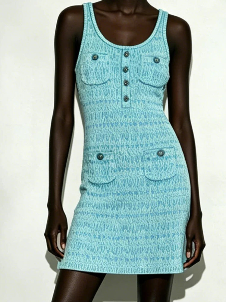 Textured Weave Sleeveless Tank Dress for Women Square Neck Decor Buttons Pocket Design Slim Bodycon Casual Summer Short Dress