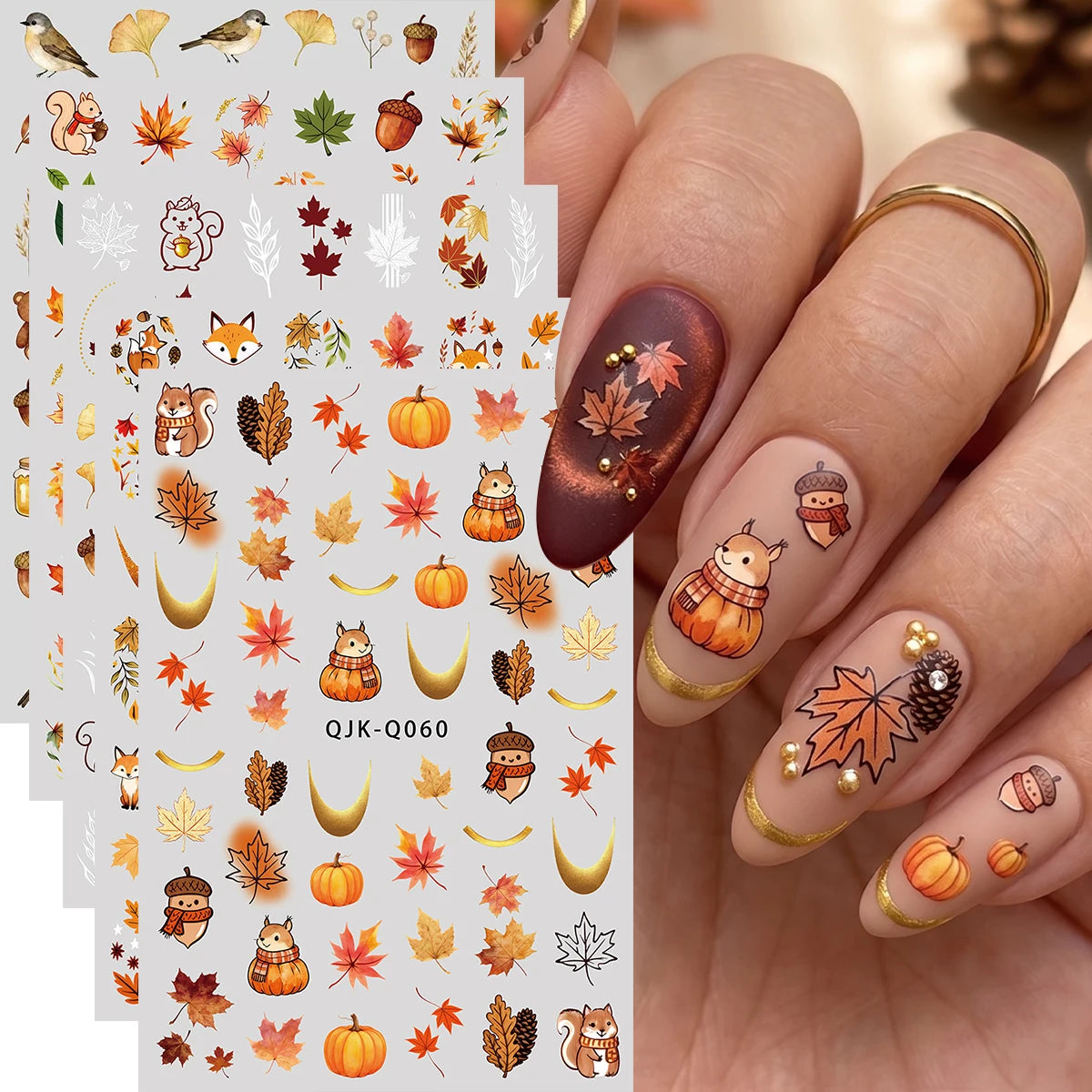 5pcs Autumn Maple Animals 3D Nail Art Stickers Squirral Ginkgo Fall Leaves Fox Bears Honey Pattern Nail Decal DIY Manicure Decor