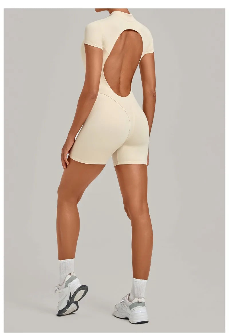 Women's Seamless Yoga Jumpsuits Sports Fitness Hip-lifting Short-sleeved Backless Training Workout Gym Shorts One-piece