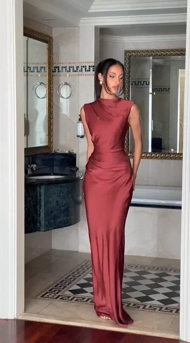 Solid Satin Cowl Neck Women's Dress Elegant Sleeveless Ruched Waist Fishtail Bodycon Lady Vestido 2026 Summer Party Dresses