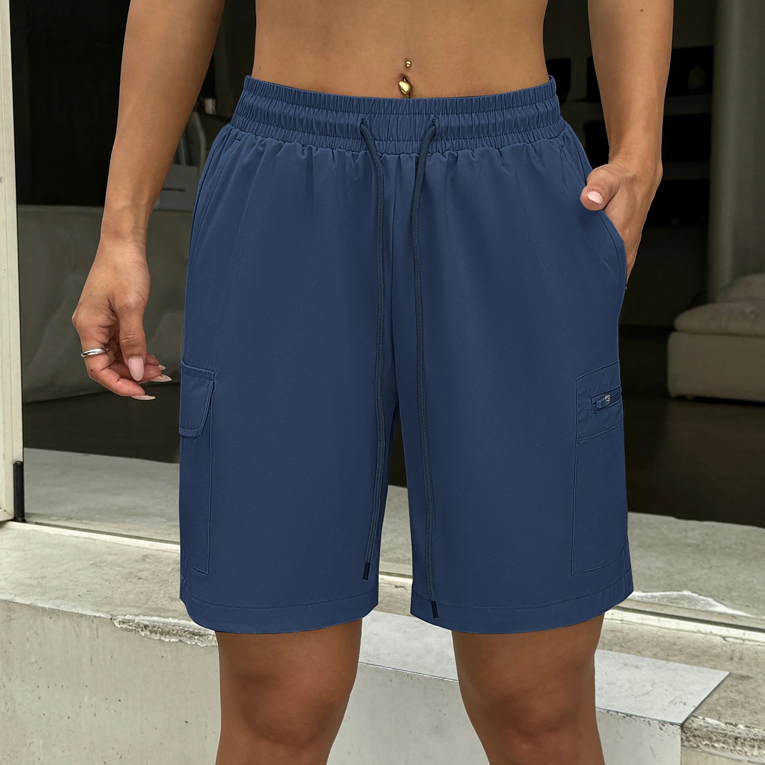 Women's Casual Cargo Shorts High Waist Drawstring Athletic Shorts with Multi-Pockets Loose Fit Shorts for Daily Wear Hiking