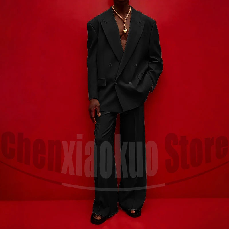 Men's Double Breasted Suit Set Oversized Blazer and Wide-Leg Trousers Fashion Casual Formal Outfits for Streetwear Party