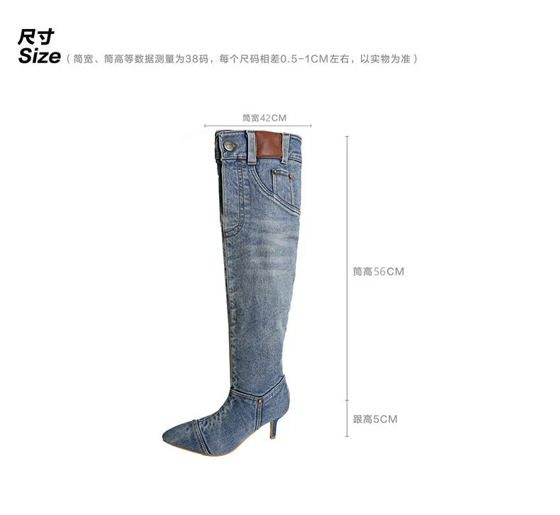 Denim Long Boots Women Knee Boots New 2025 Autumn Winter High Heels Retro Western Hot Girl Cowboy Boots Lady Modern Boot Botas