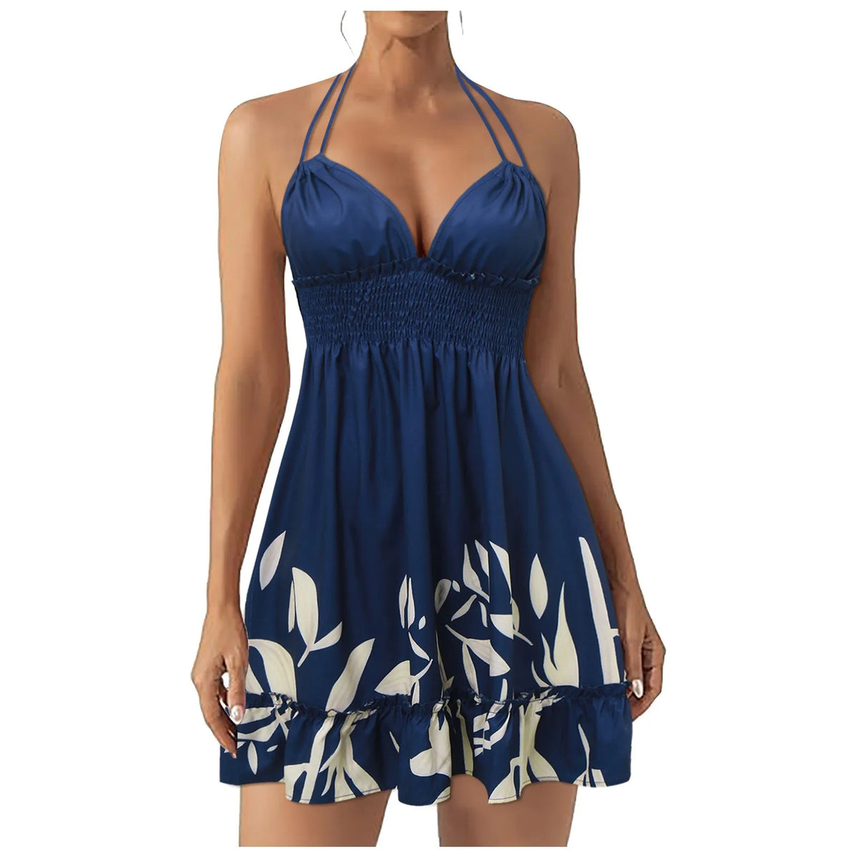 Summer Deep V Beach Dress Women Backless Sexy Sleeveless Halter A-Line Mini Dresses Flounced Edge Solid 2025 Vacation Sundress