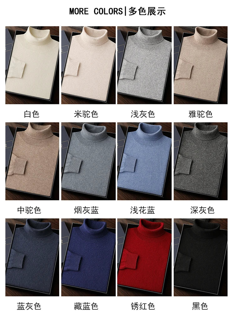 Autumn/Winter Men's 100% Cashmere Pullover Business Casual Solid Knitted Sweater Loose High Collar Tops Basic Thick Warm Jumper