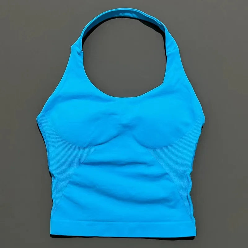 Halter Yoga Tank Top Women Sexy Seamless Strappy Backless Slim Fit Padded Breathable Gym Fitness Running Workout Sports Tops