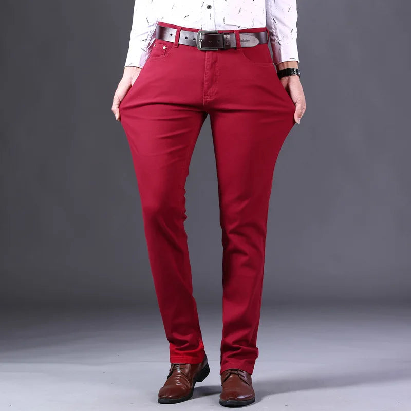 2026 New  Spring Autumn Wine Red Jeans Men Fashion Casual Classic Style Business Straight Fit Soft Trousers Male Advanced Pants