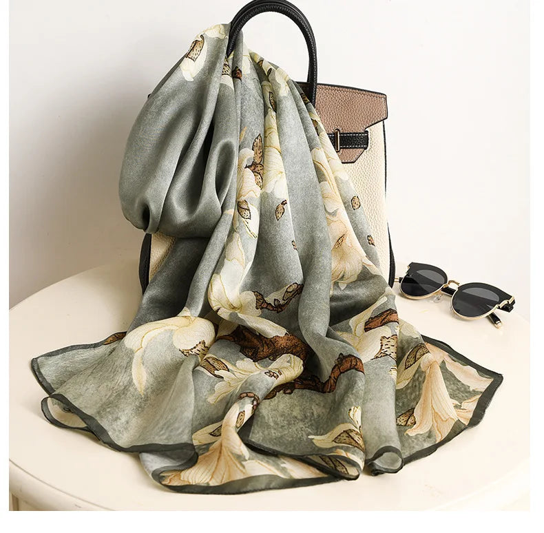 Birdtree, 9MM 100%Real Silk Scarf Shawl, Thin Plum Bossom Summer Beach Shawls Scarfs, Fall Winter Neck Head P36714QM