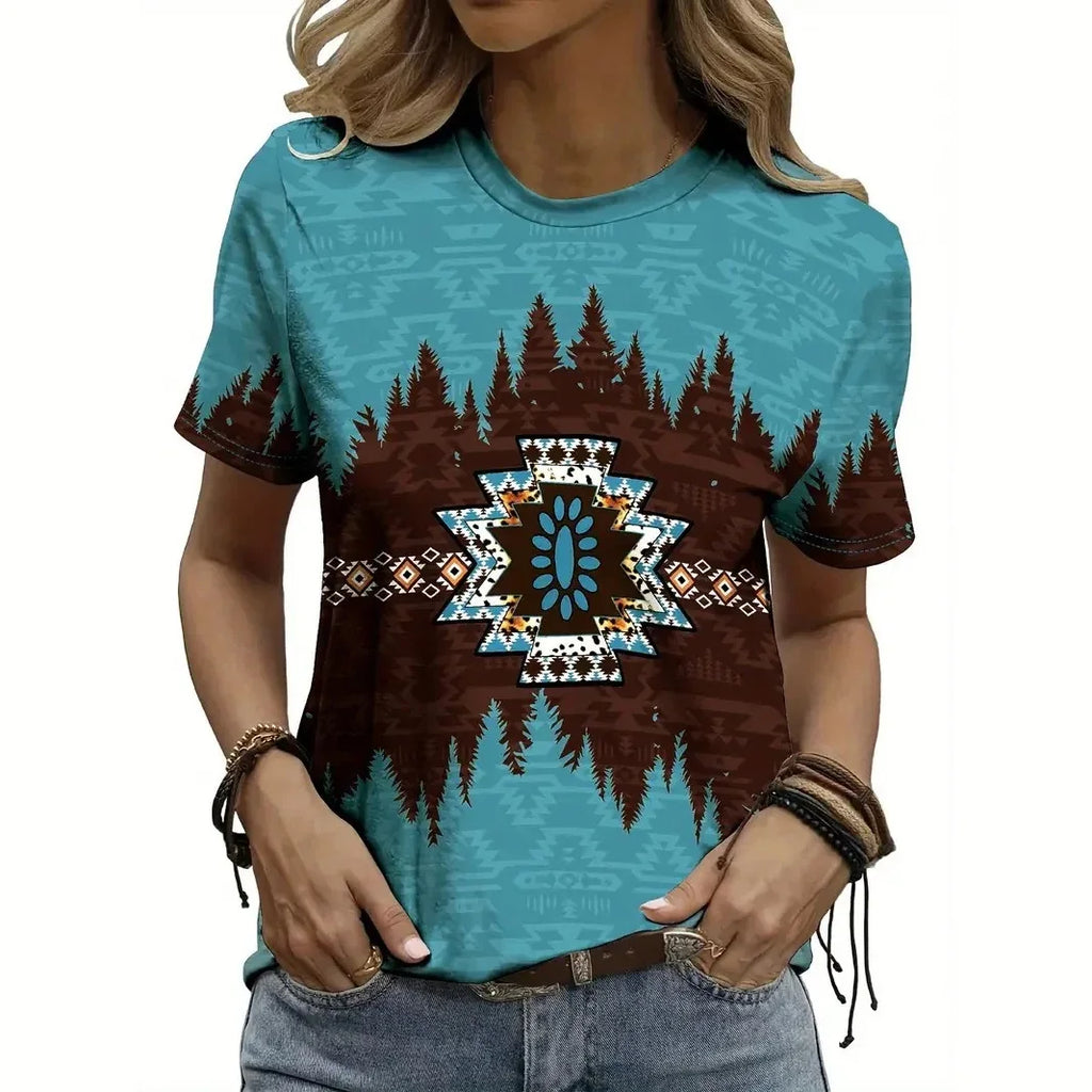 Vintage Ethnic T-Shirts Geometry 3D Print Women Casual Short Sleeves T Shirt Streetwear Y2k Harajuku Tees Tops Female Clothing