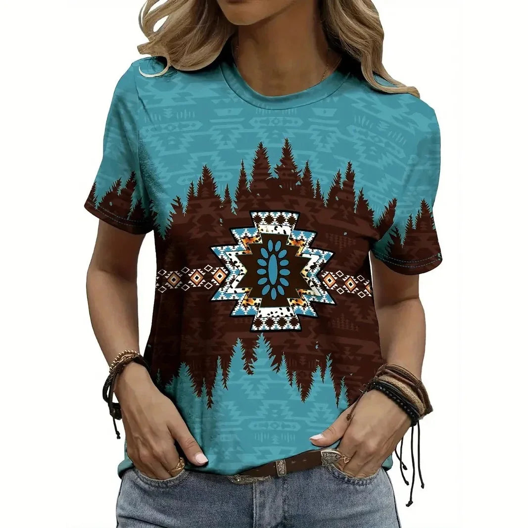 Vintage Ethnic T-Shirts Geometry 3D Print Women Casual Short Sleeves T Shirt Streetwear Y2k Harajuku Tees Tops Female Clothing