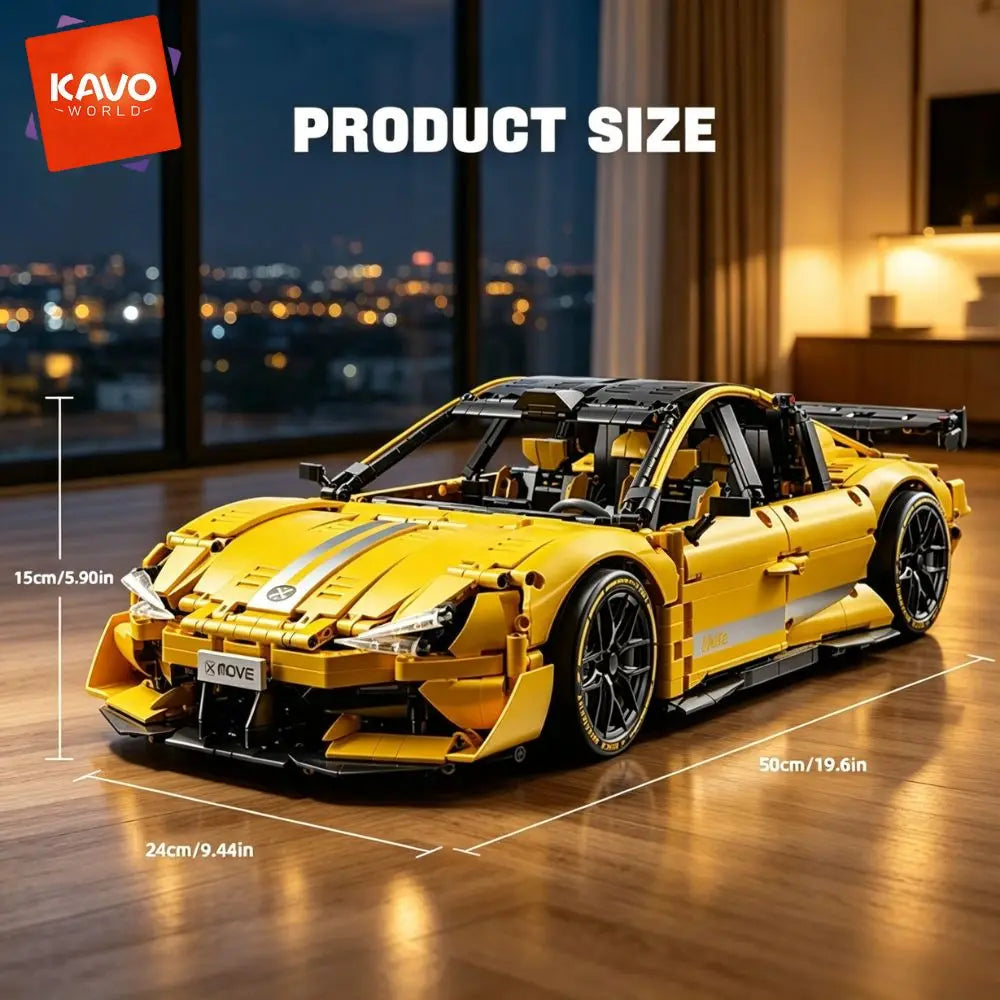 KAVOWORLD 2143pcs Yellow 1:10 Building Block Racing Car Sports Supercar Road Coupe Drift Vehicle Construction Kit with Movable Doors Adjustable Rear Wing DIY Assembly STEM Toys Home Desk Decor Hobby Christmas Halloween Birthd