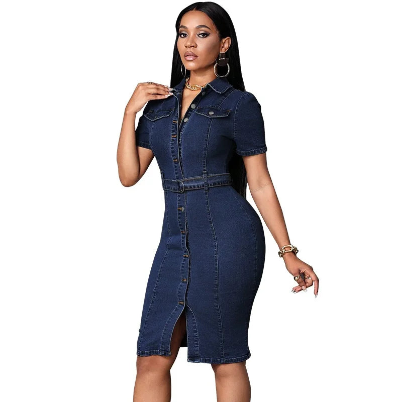 Streetwear Denim Dress Summer Clothes Women Turn Down Collar Short Sleeve Bodycon Midi Dresses Vintage Cowboy Jean Dress Vestido