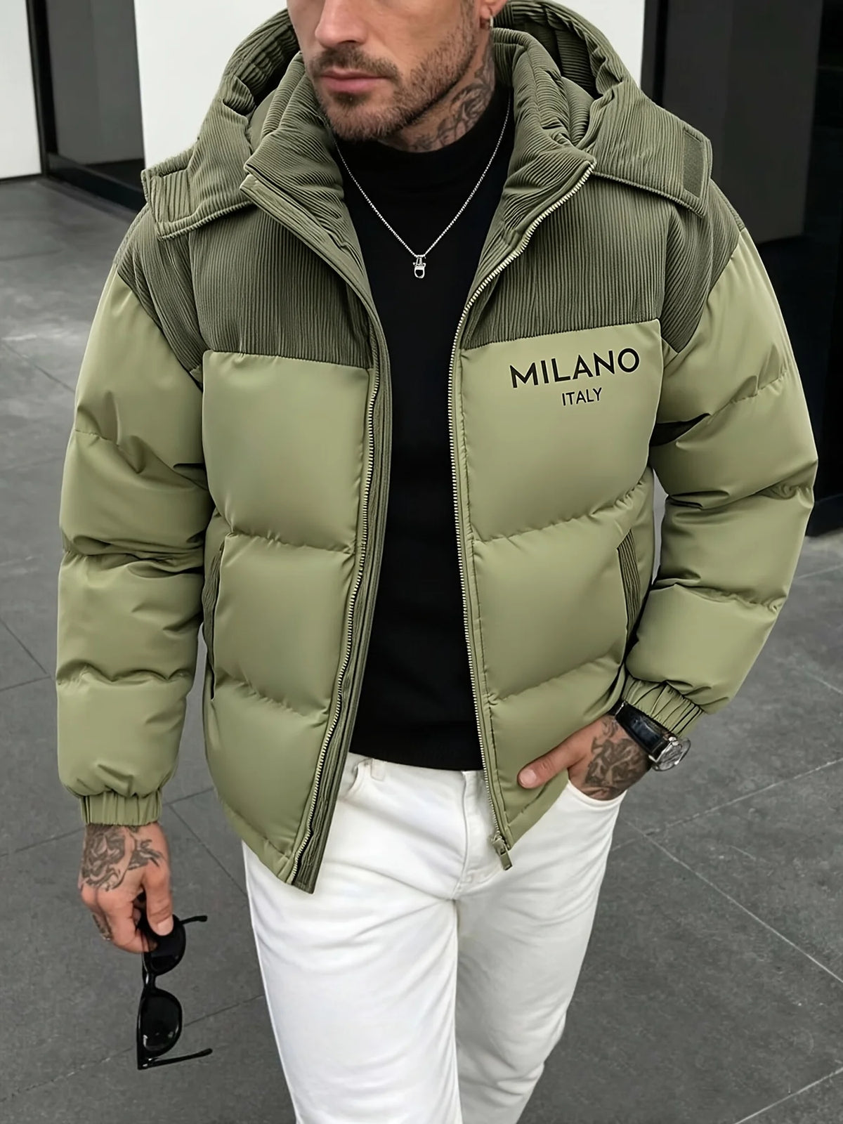 MILANO Printed Patchwork Corduroy Jacket Men Winter Hooded Coat Loose Thickened Outerwear Casual Party Outfit Men's Clothing