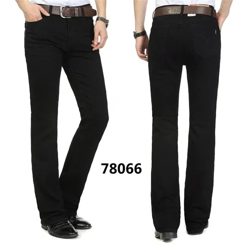 Male Bell Bottom Denim Trousers Slim Black Boot Cut Jeans Men's Clothing Casual Business Flares Pants
