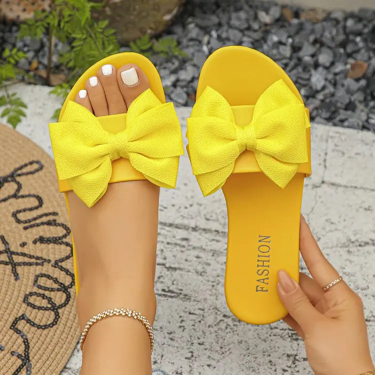 Womens Slip on Flat Sandals Big Bowknot Wide Strap Slides Mules Open Toe Casual Sweet Summer Beach Comfort Daily Walking Shoes
