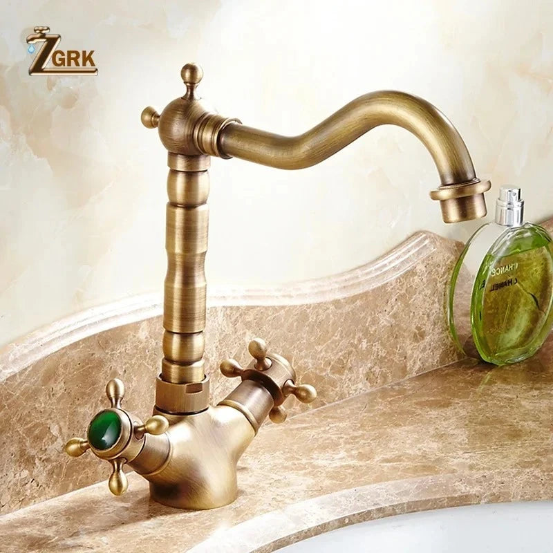 ZGRK Dual Handles Basin Faucet Brass Bronze Finished Mixer Taps 360 Rotation Antique Bath Sink Faucet Deck Mounted Water Taps