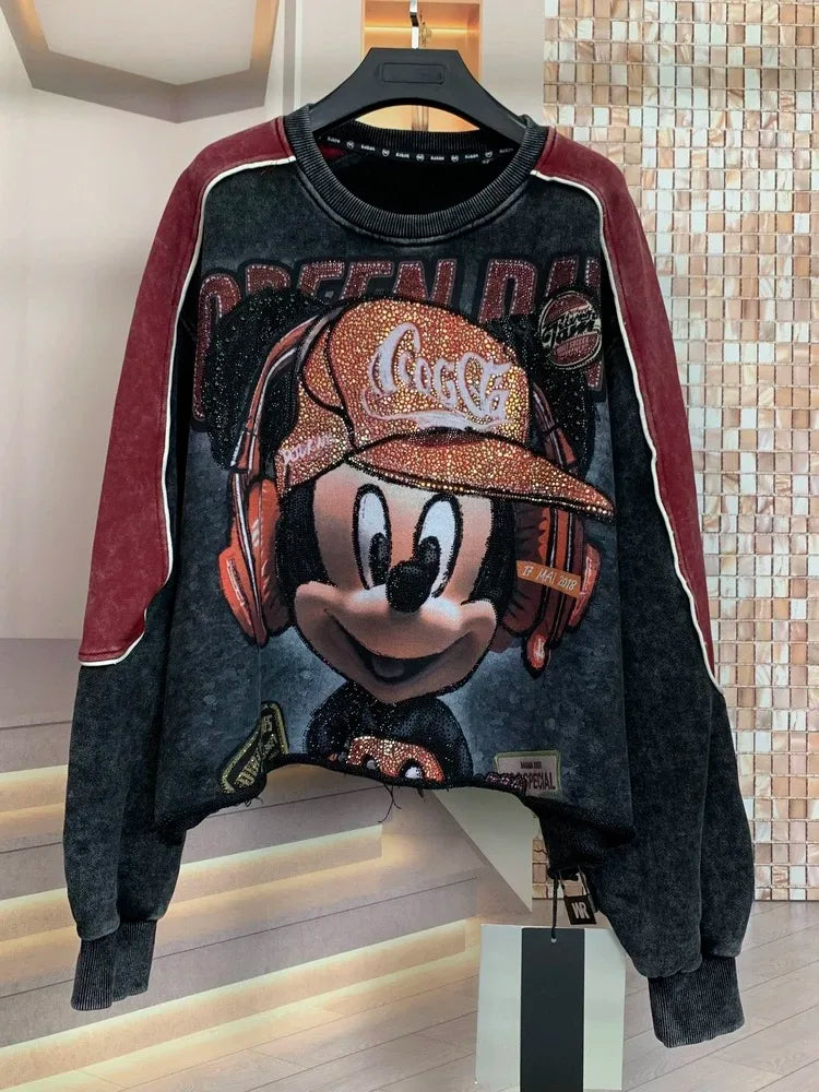 European and American new fashion heavy industry embroidery cartoon print loose hooded sweatshirt T-shirt for both men and women