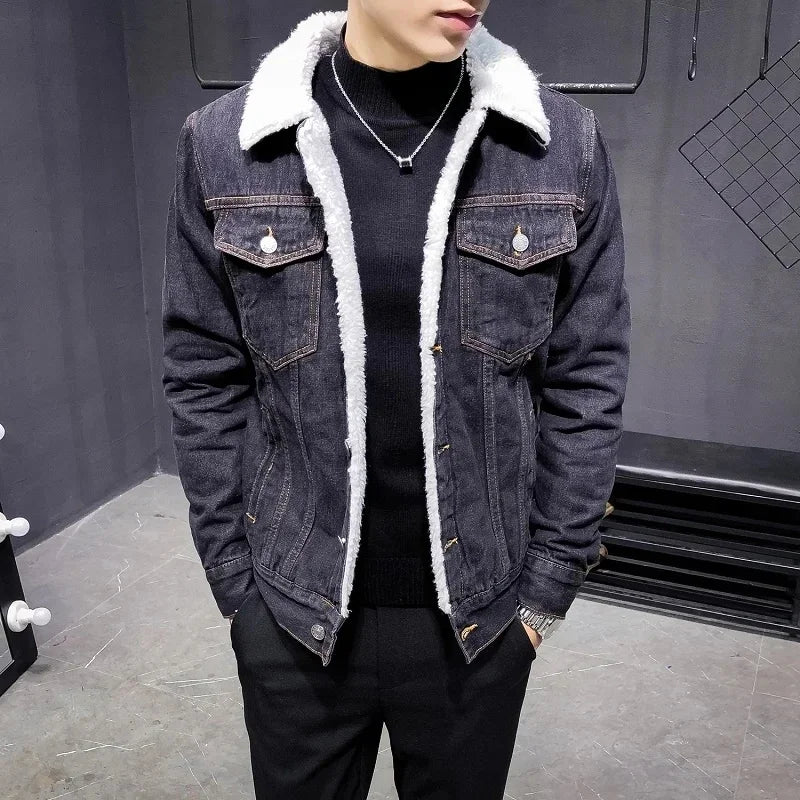 Men Warm Denim Jacket 2024 Winter Thick Fleece Outerwear Solid Casual Wool Lining Jean Jackets Coats Men Clothing Oversized 6XL