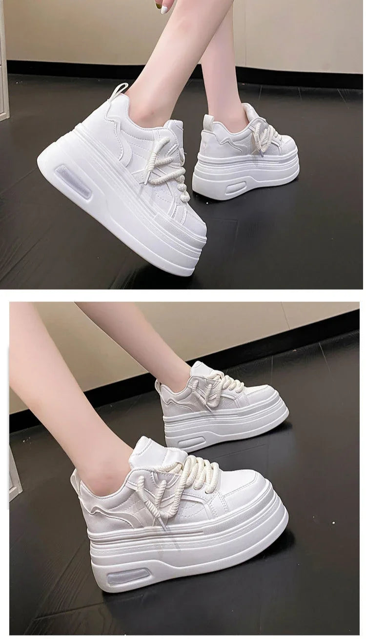 Fashion Platform Sneakers Women Spring Autumn Comfort Round Toe Lace-up 8CM Thick Bottom Black White Casual Sport Shoes