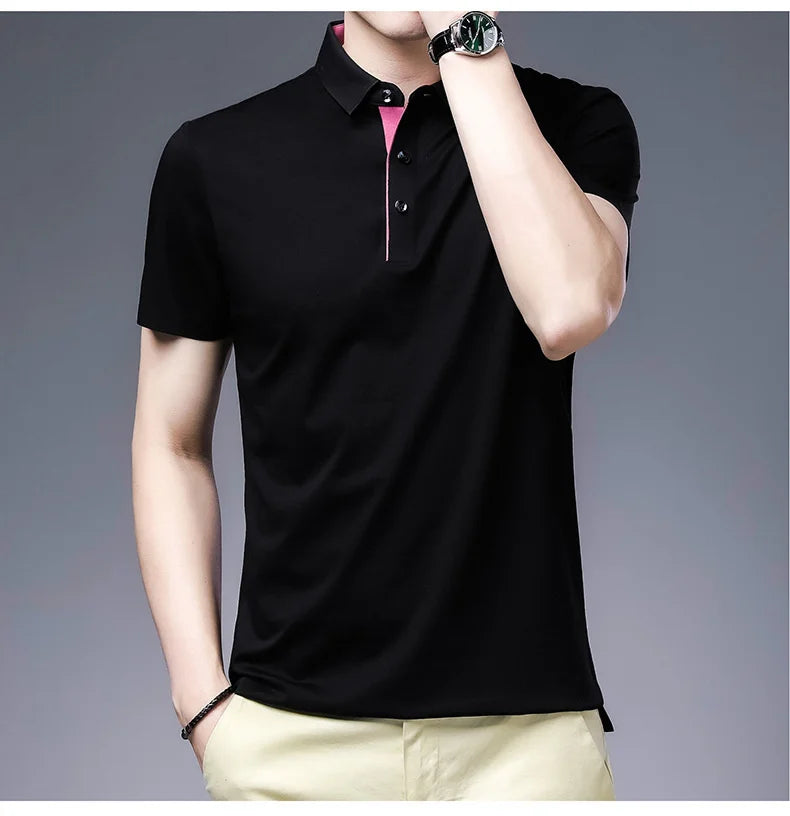 Bamboo Fiber Viscose And Cotton Blend Polo Shirt Men Short Sleeve Collar New Seamless T-shirt Summer Thin Lightweight Poloshirt
