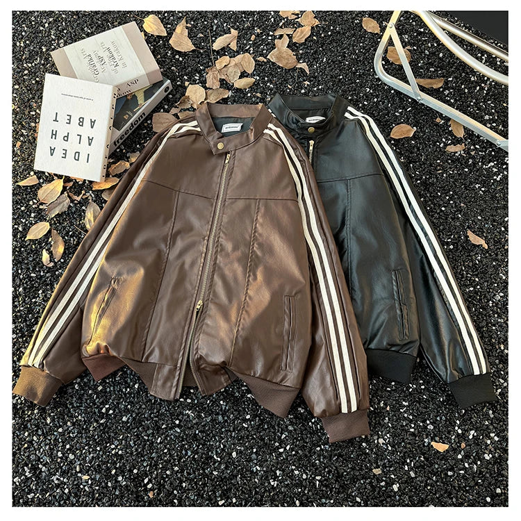 Men's Brown Leather Jacket American Retro Patchwork Striped Outerwear Youthful Style Summer Biker Coat Long Sleeve Zipper Clo...
