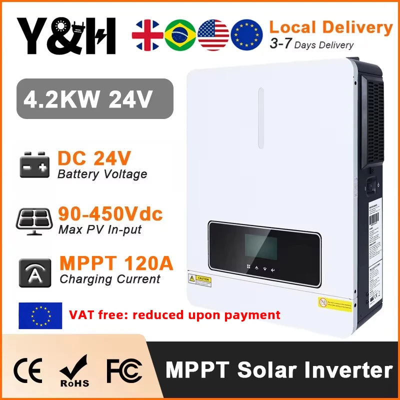 Y&H 4.2KW Hybrid Solar Inverter 24V 220V On/Off Grid Inverter Pure Sine Wave Inverter MPPT 120A Solar Charge Controller BMS WiFi