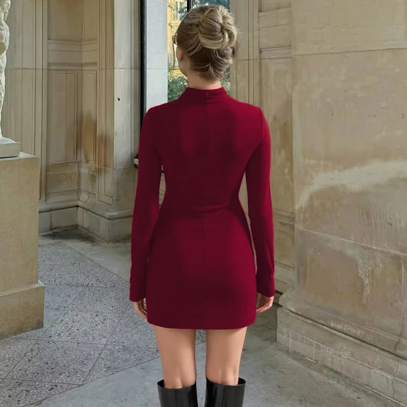 Hugcitar Women Elegant Turleneck Long Sleeve Ruched Sexy Bodycon Mini Dress Autumn Women Clothes Streetwear Party Festival