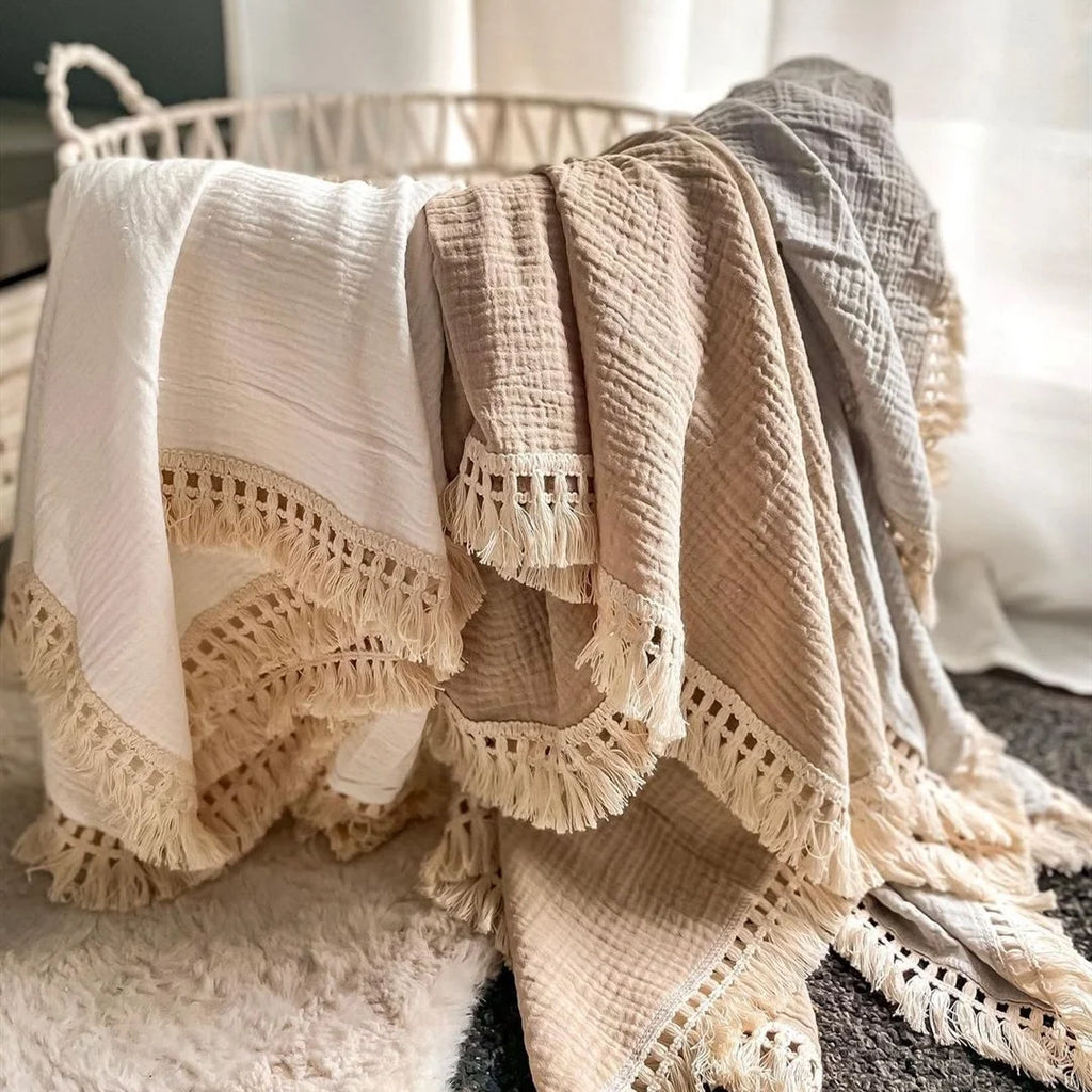 Summer Air Conditioning Blanket, Baby Stroller Cover, Double-Layer Crinkle Gauze, Infant Fringe Blanket, Pure Cotton Muslin, Chi