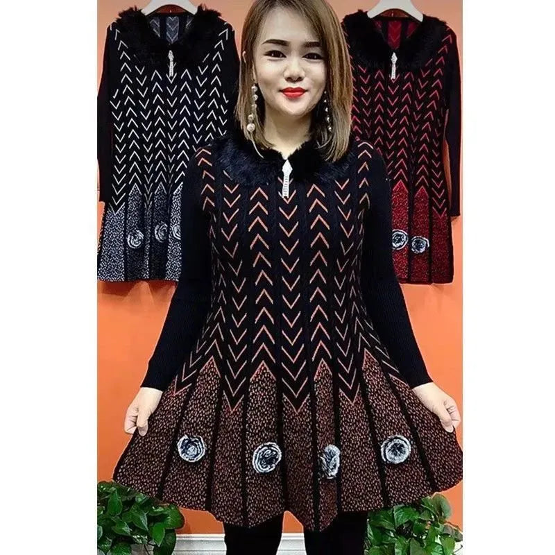 Autumn Winter New Mother Knitted Dress Large Size Thicken Loose Pullover Female Sweater Dress Mid-length Women Bottoming Shirts