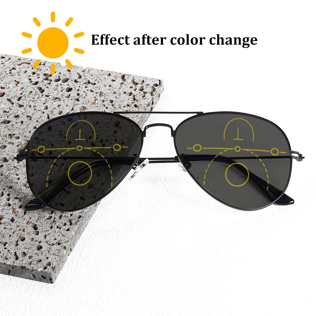 Classic Pilot Photochromic Progressive Multifocal Reading Glasses Men Women Metal Frame Anti Blue Light Presbyopia Eyeglasses
