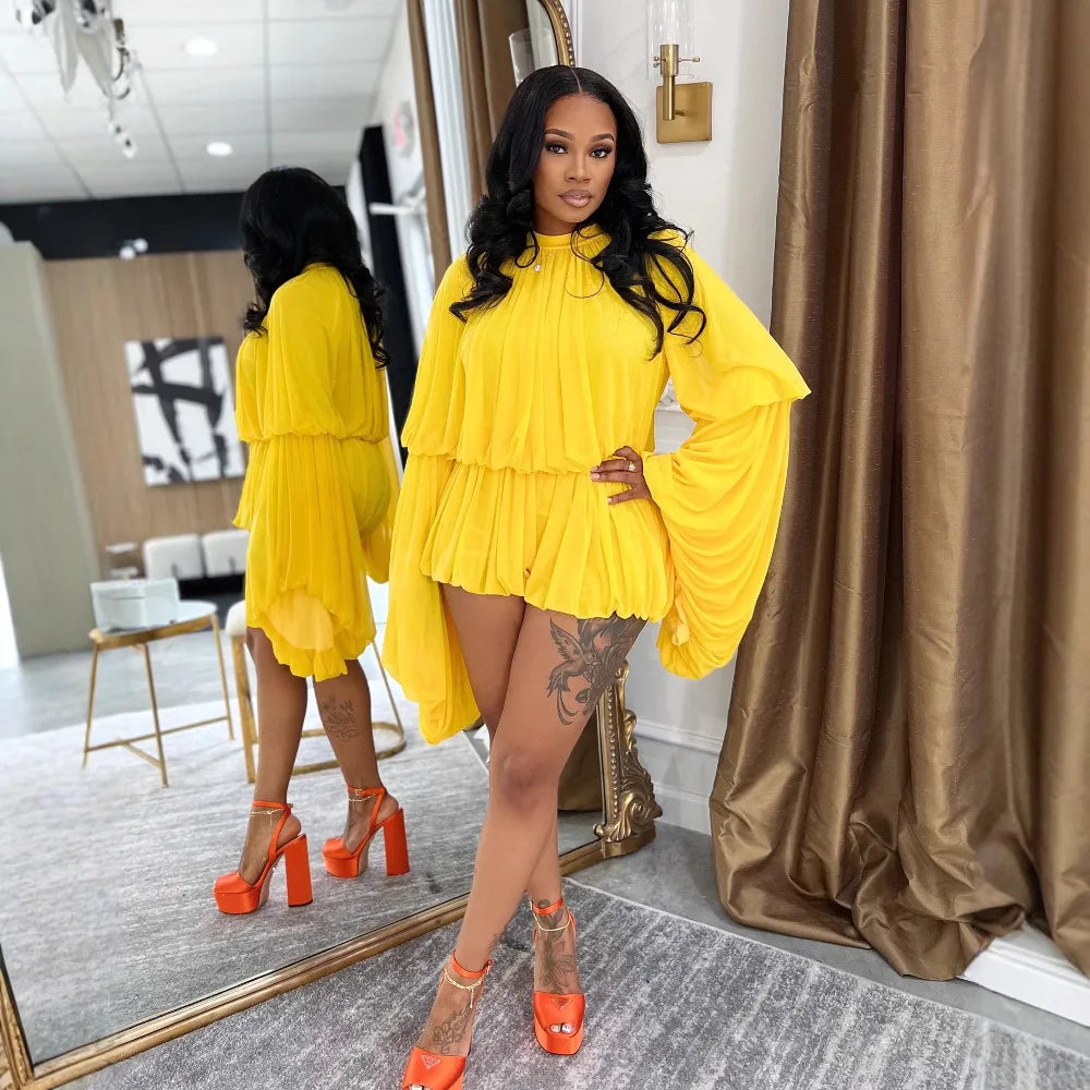 Two Piece Sets Women Shorts Lantern Sleeve Matching Sets Shirts Shorts Ruffles Pleated Suits Elegant Summer Y2k Streetwear Work