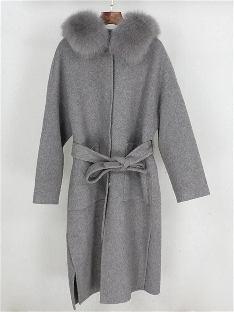Real Fur Wool Outerwear Wool Blends Coat Natural Fox Fur Collar Hooded Cashmere Winter Jacket for Women Streetwear High Street