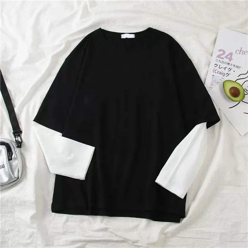New Harajuku Black White Striped Y2K Long Sleeve Solid Color T-shirts Men Women Fall Fake Two Piece Long Sleeve Loose T-shirt