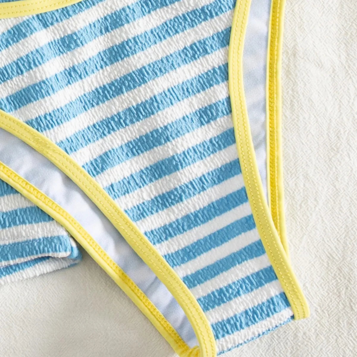 Women 3 Piece Striped Bikini Set Halter Triangle Top High Cut Thong Drawstring Shorts Summer Beach Swimwear Bathing Suit