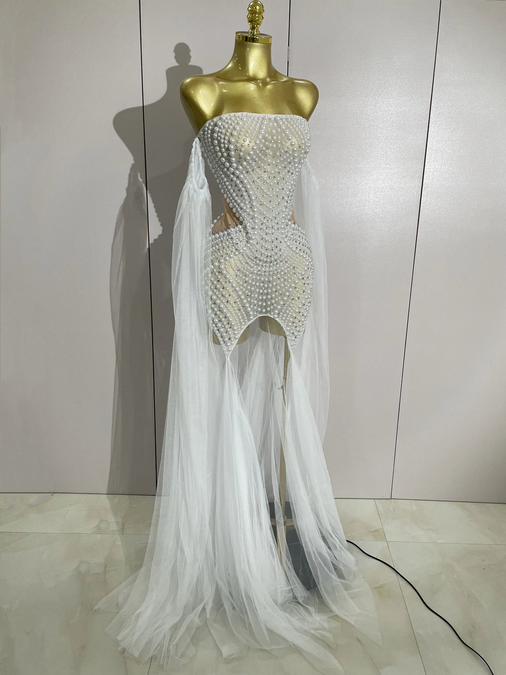 Elegant Sparkly Rhinestone White Pearl Sexy Strapless Mesh Long Dress Wedding Guest Gowns Luxury Birthday Evening Party Dress