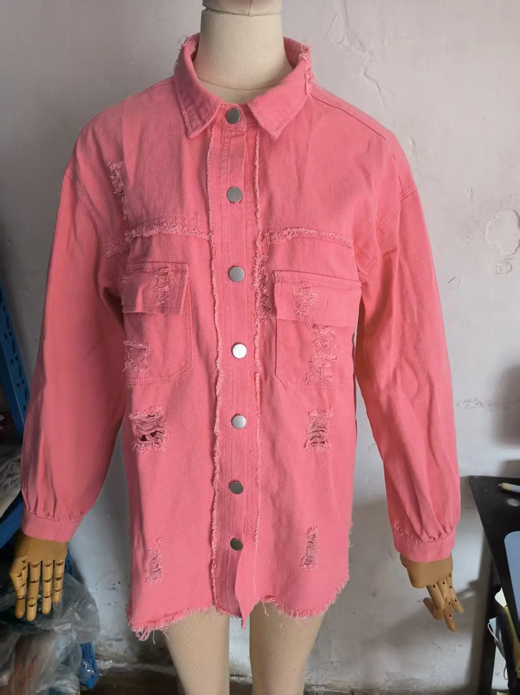 Women's Fashionable Solid Color Mid-Length Ripped Denim Jacket Long-Sleeved Spring Autumn Trend